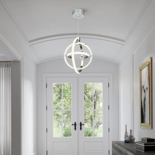 Modern LED Pendant Light Chrome Pendant Lights 4000K Dimmable External Glow Height Adjustable Pendant Lighting for Kitchen Island Dining Room Bedroom Living Room Foyer（3 (Chrome / Round-3 Ring External Glow)