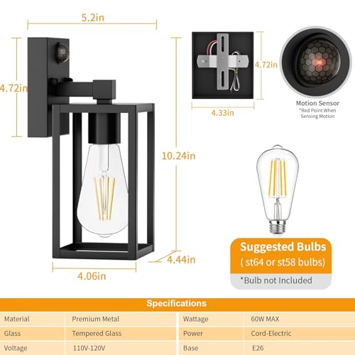 2 Pack Motion Sensor Outdoor Light Fixtures Wall Mount (10.24'' / Black)