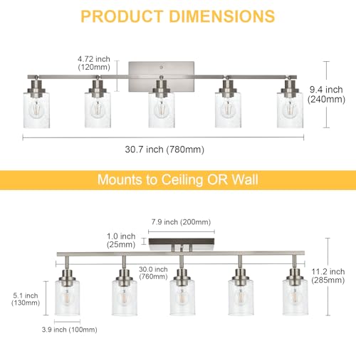 5 Light Brushed Nickel Kitchen Track Lighting Fixtures Ceiling Mount Track Lighting Kit with Bubble Seeded Glass Shade Modern Bathroom Tracking Vanity Lights Ceiling Tracking Accent Shop Light (Brushed Nickel / 5-Light)