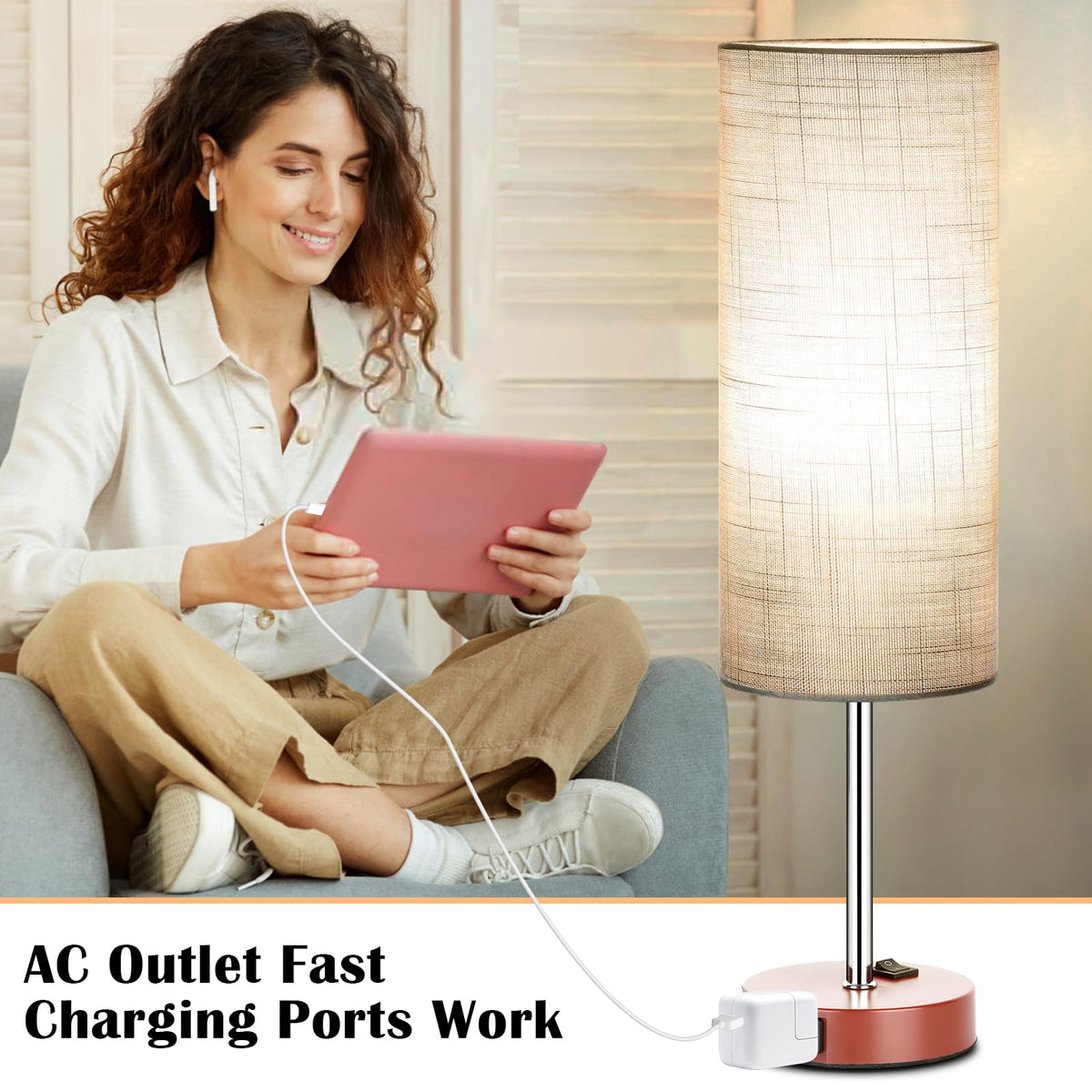 Table Lamp for Bedroom 2 Pack (Gray Fabric Shade Brown Base / 18inch)