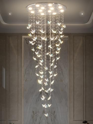 H102 High Ceiling Chandelier Modern Crystal Chandeliers Lighting Raindrop Large Chandelier for Staircase Foyer Entryway Living Room Dimmable 3000 (Silver / Dia 32")