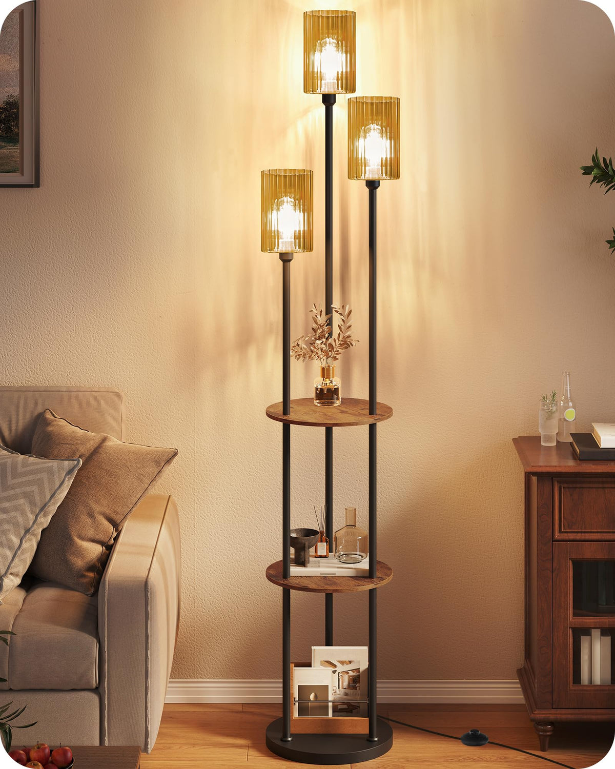 71" Floor Lamp with Shelves (Rustic Brown + Amber Glass)