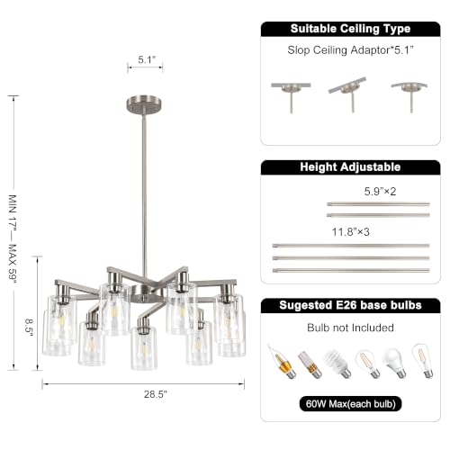 9 Light Brushed Nickel Modern Farmhouse Industrial Chandelier (Nickel / 9-Lights/D29.5 '')