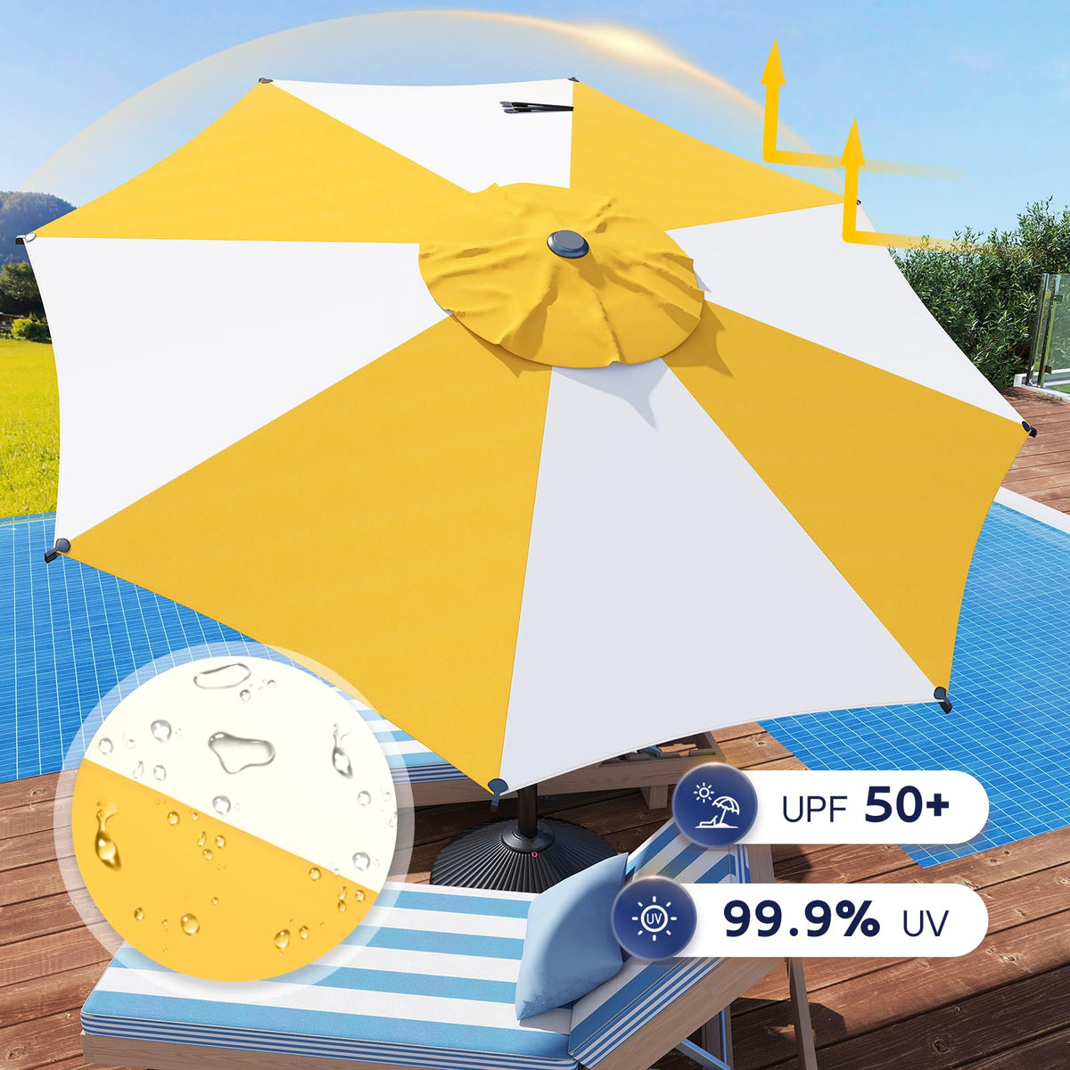 9FT Lyon Outdoor Patio Umbrella Outdoor Table Umbrella with Crank Market Umbrella 8 Sturdy Ribs UV Protection Waterproof and Push Button Tilt for Garden Deck Backyard Pool (9 FT(8 Ribs) / Yellow & Cream)