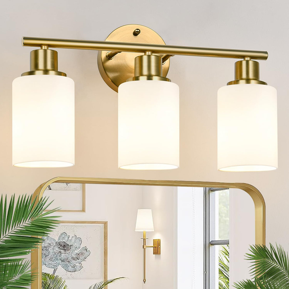 3 Light Bathroom Light Fixtures (Brushed Gold & Milky White Glass / 3-light)