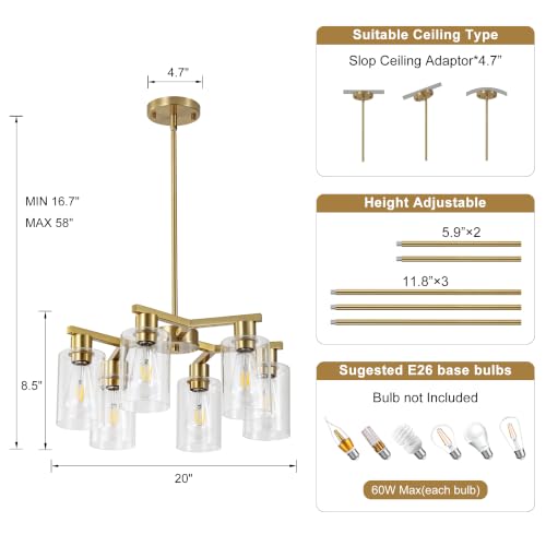 6 Light Brushed Gold Chandelier for Dining Room (Gold / 6-Lights/D20 '')
