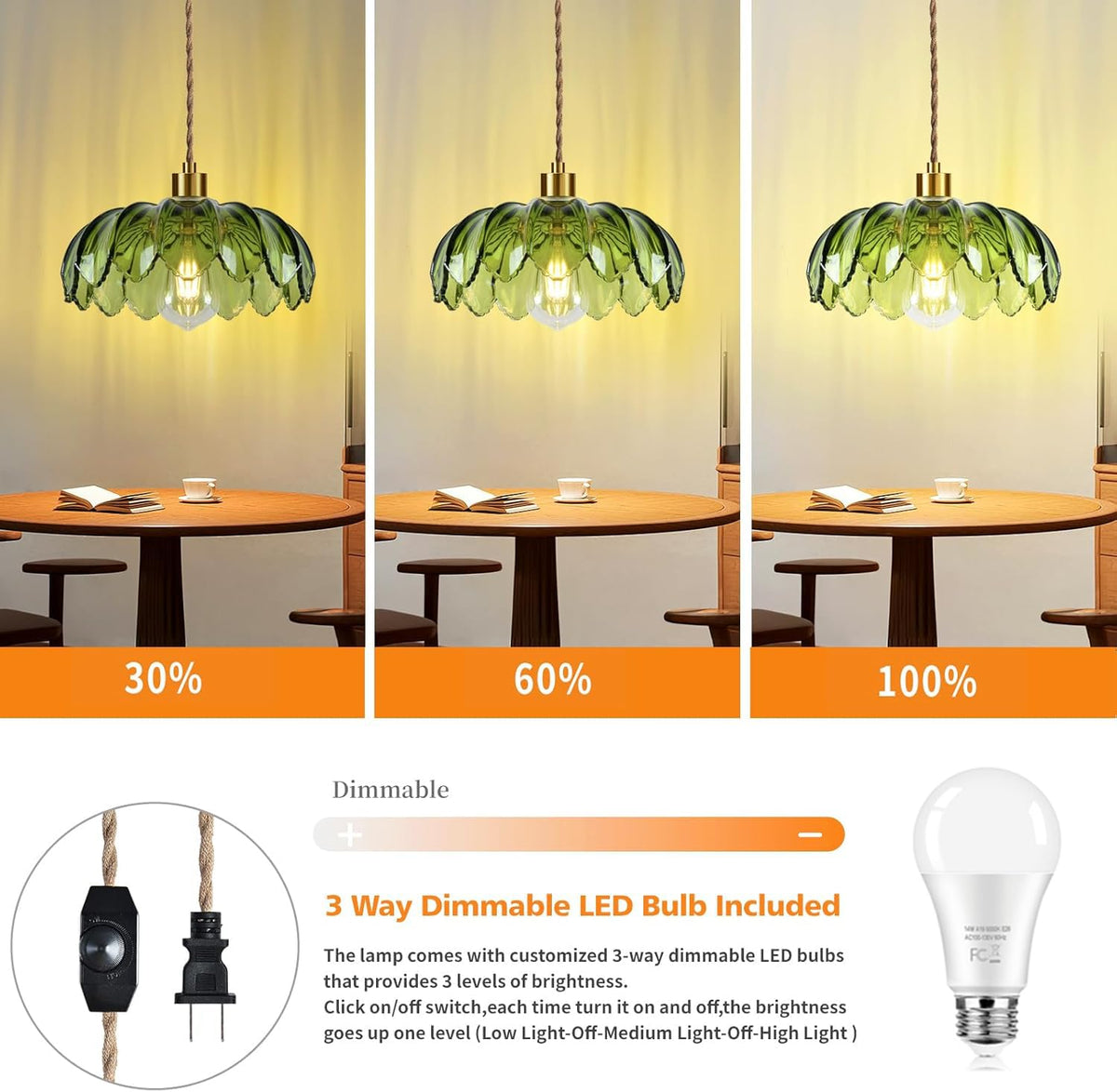Plug in Pendant Light Hanging Lights with Plug in Cord Boho Hanging Lamp Glass Gold Mid Century Modern Vintage Dimmable Green Flower Plug in Chandelier Ceiling Fixture for Living Room (Pendant Light-12)