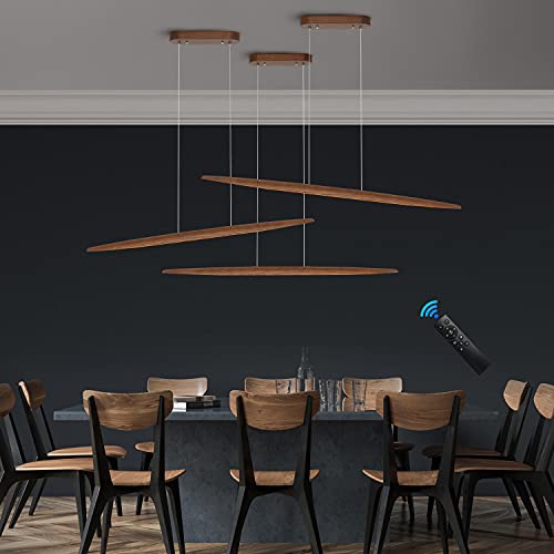 39" Wood Linear Pendant Light LED Dimmable Hanging Light Dinning Room Light Fixture Island Lights 24w for Dining Room Kitchen Island Bar Walnut Color (Walnut / 39in)