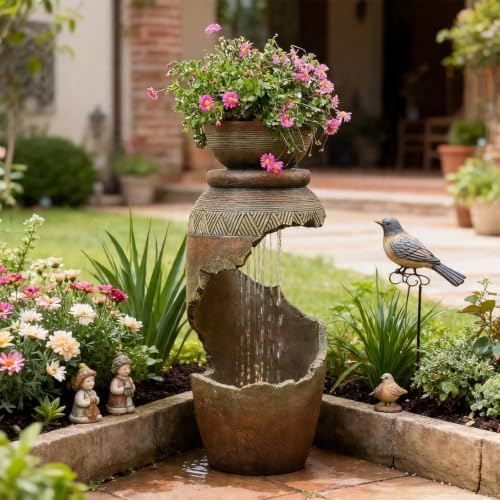30H Spiral Outdoor Water Fountain with Bowl Planter (30H)
