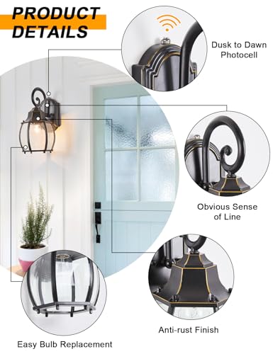 Dusk to Dawn Outdoor Wall Light Vintage Wall Lamp Outside with IP65 Sensor Exterior Light Fixtures Wall Mount Porch Light E26 Exterior Wall Sconces in Black with Gold Rim for House 2 (Black with Gold Rim)