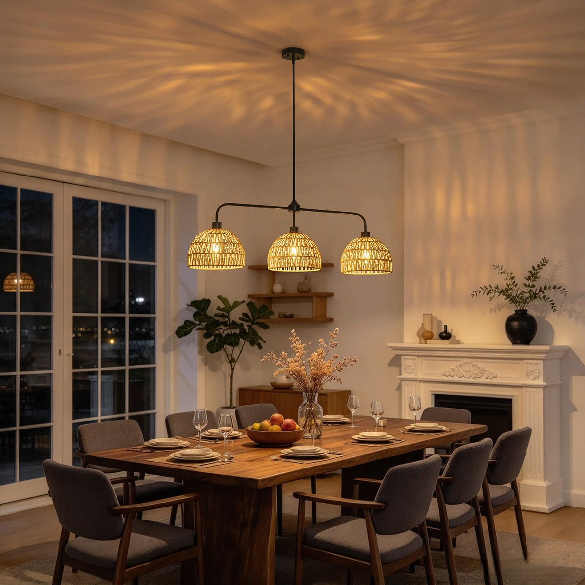 3 Light Hand Woven Rattan Kitchen Island Lighting (Black&Rattan)