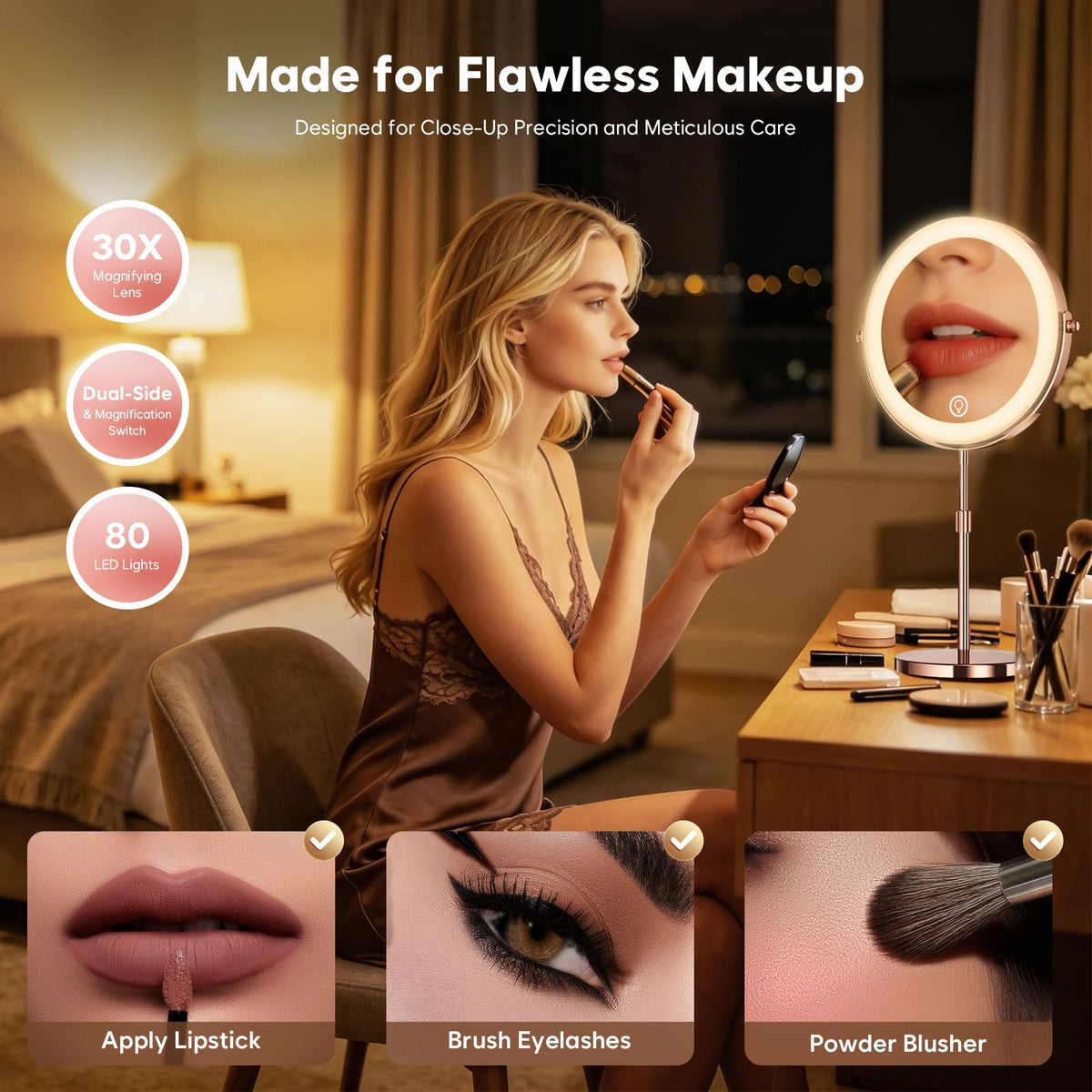 30X Makeup Mirror with Lights (Rose Gold)