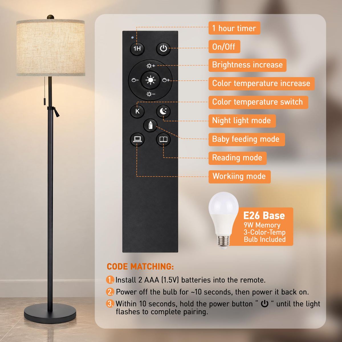 61 69" Adjustable Floor Lamp  with Remote and Stepless Dimmable Bulb (Black)