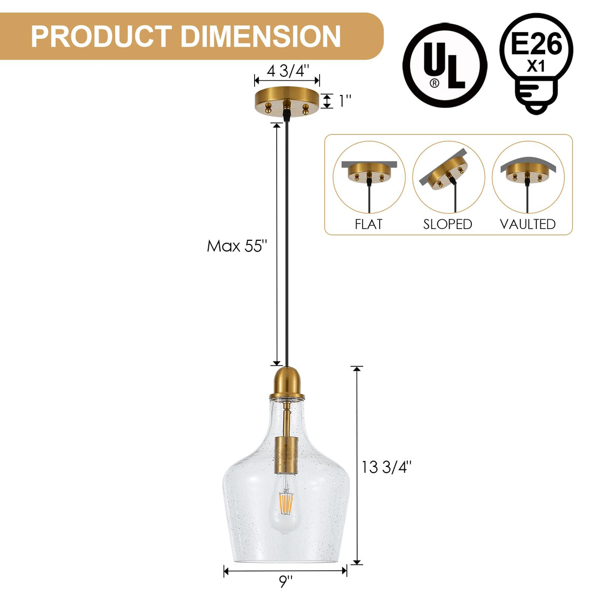 9” Seeded Glass Pendant Light Modern Brass 1 Light Single Dome Bubble Pendant Lighting Fixtures for Kitchen Island Dining Room Hallway (Brass-Seeded)