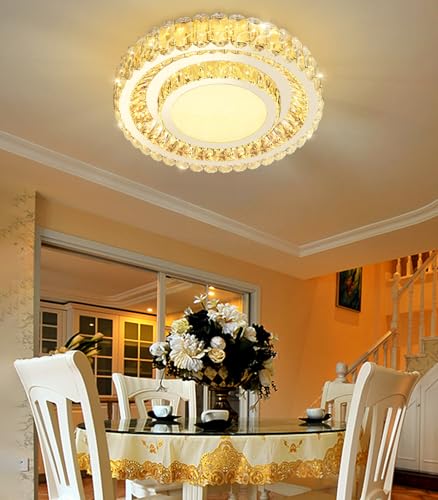 19.6" Dimmable Crystal Chandelier Modern LED Flush Mount Ceiling Light Fixtures for Living Room Bedroom Hallway Kitchen Island Staircase Silver (19.6" Silver)