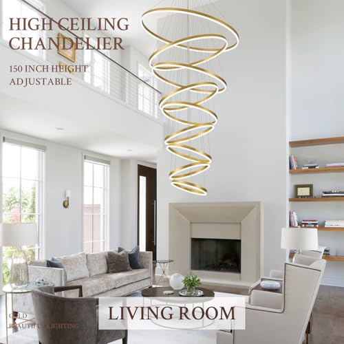 9 Rings D39.4in Modern LED Chandelier Gold Dimmable Foyer Chandeliers Entryway High Ceiling Chandelier with Remote Control for Staircase Entryway Living Room Foyer (Gold / 9 Rings 39.4in)