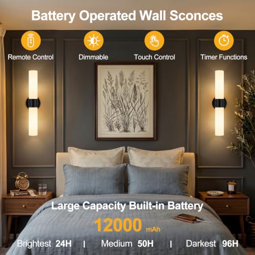 Rechargeable Wall Sconces Set of Two (Matte Black & Milky White Glass / Battery-22 Inch-2PC)