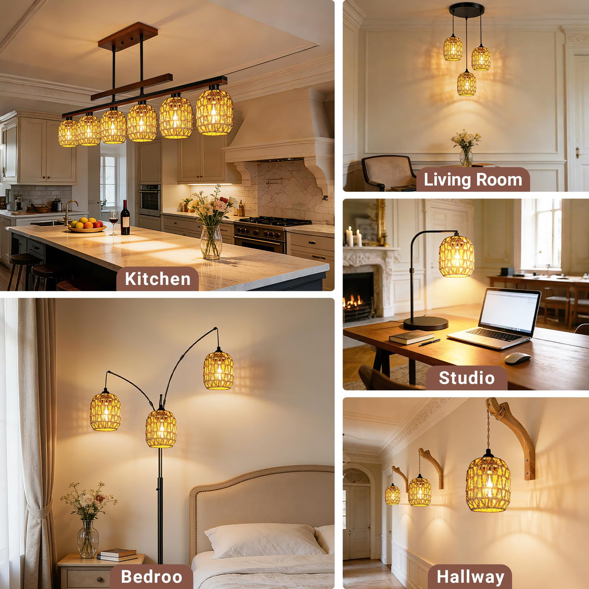 3 Pack Rattan Lamp Shades Boho Hanging Light Lamp Shades (3 PACK-Small Drum Shade)
