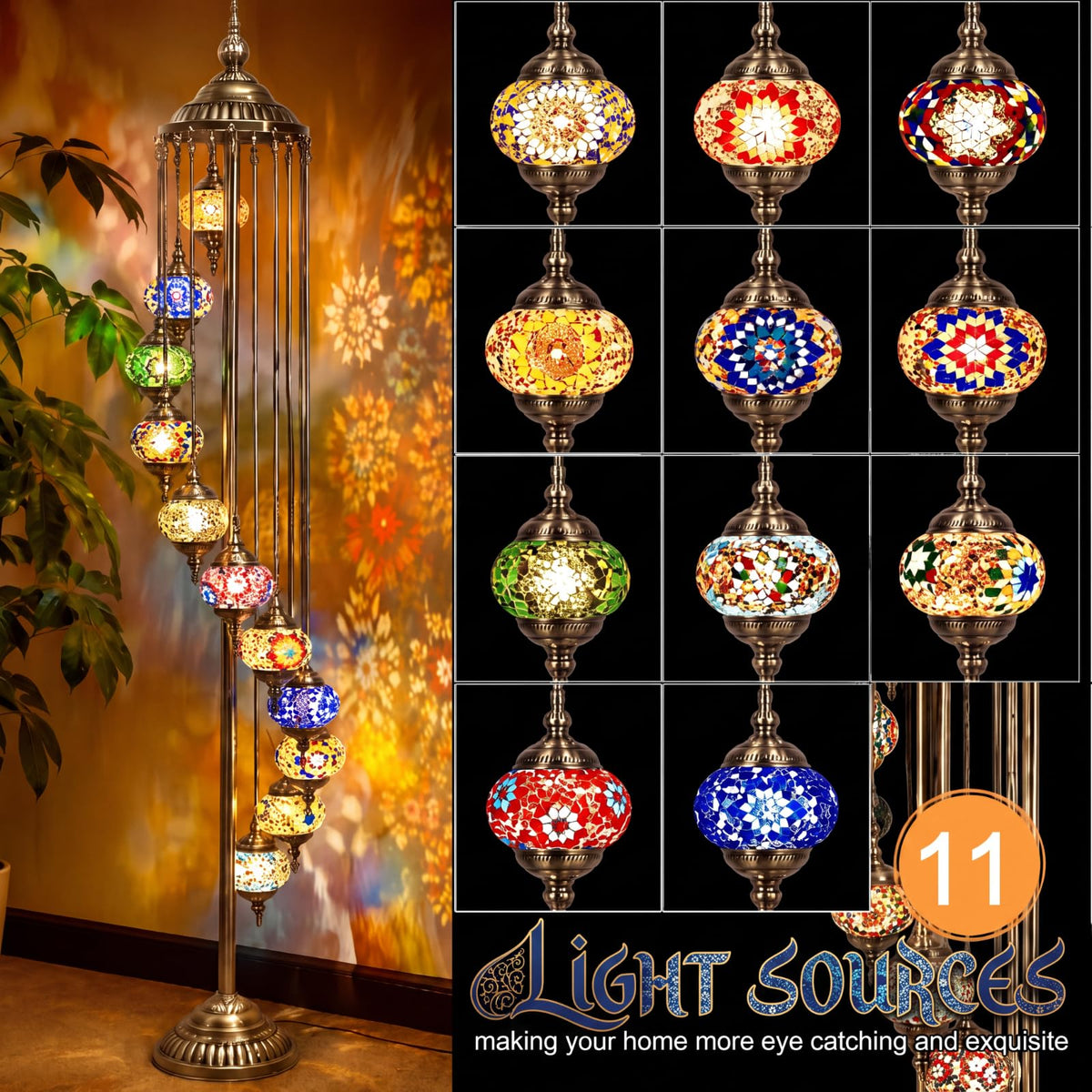 Turkish Mosaic Floor Lamp Moroccan Lamps (11 Globes Style)