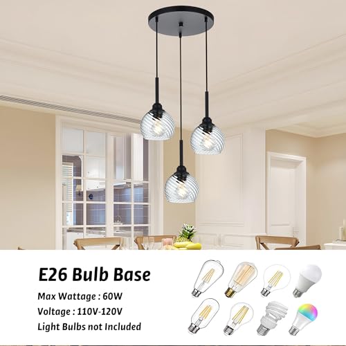 3 Light Black Cluster Pendant Light with Striped Swirl Globe Glass Pendant Lighting for Kitchen Island (Transparent / 3-Light-Round Cluster)