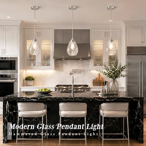 Nickel Glass Pendant Lights Kitchen Island 6.3" Pendant Light Hammered Clear Glass 2 Pack Height Adjustable Modern Hanging Pendant Lights for Dining Room Bedroom Hallway Sink Bulbs Incl (Nickel, 2 PK / 6.3 Inch)