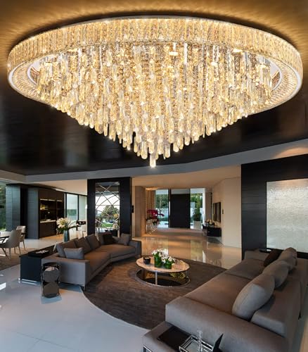 53.7" Modern Chandeliers LED Dimmable Crystal Flush Mount Ceiling Chandeliers for Living Room High Ceiling Entrance Foyer Lobby Bedroom Silver (Silver / 53.7" Width)