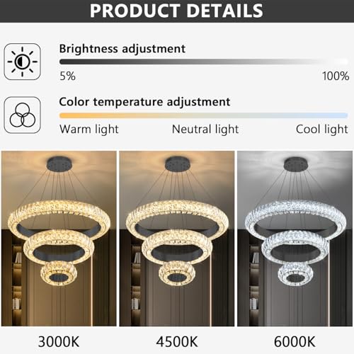 23.6" 3 Ring Crystal Chandelier Modern LED Dimmable Ring Pendant Light Round Chandelier for Dining Room Living Room Black (Black / 3 Ring Round 24")