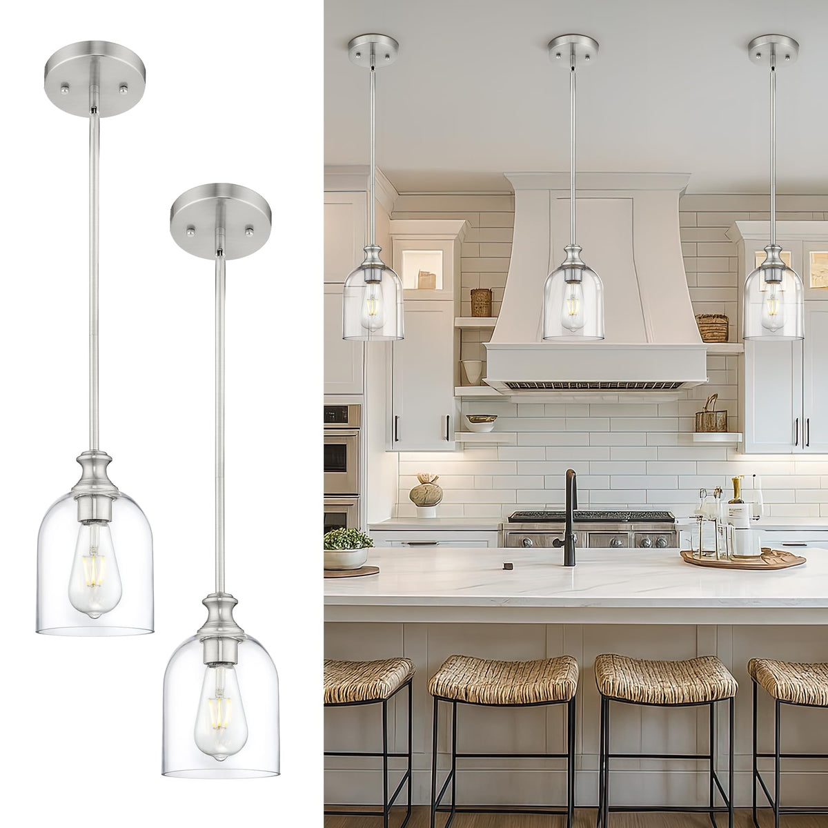 2 Pack Brushed Nickel Pendant Lights Kitchen Island Cylinder Glass (2 Pack-Brushed Nickel+Clear Glass(Easy to install))