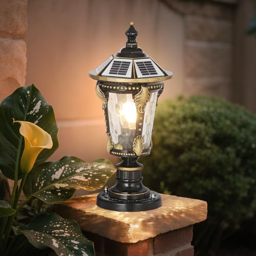 Outdoor Post Caps Light with Solar Powered 17.71" Solar LED Column Caps Lamps Rustic Bronze Fence Pillar Lamps IP65 Waterproof Deck Post Bollard Lighting Lawn Landscape Lawn Garage Yard Path Lamps