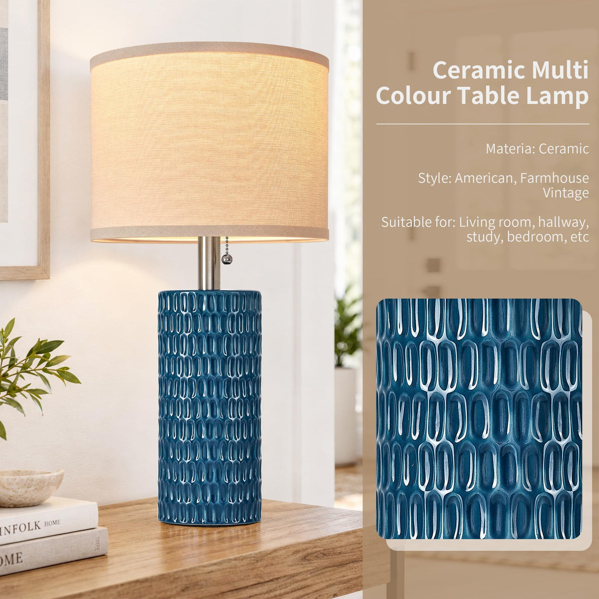 20.5” Modern Ceramic Table Lamps for Bedroom Set of 2 (Blue-1)