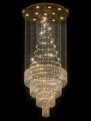 D32''XH79'' Modern Foyer Chandelier for High Ceiling Raindrop Crystal Chandelier High Ceiling Pendant Light Fixture for Hallway Living Room Gold Stairwell Chandeliers (Gold / D32"X H79")