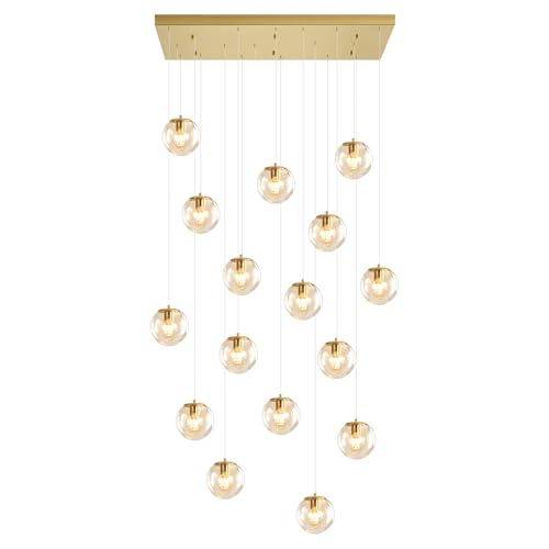 Glass Chandelier LED Modern Gold Pendant Light Globe Ceiling Light 16 (Gold-Clear / Rectangle 16-Light)