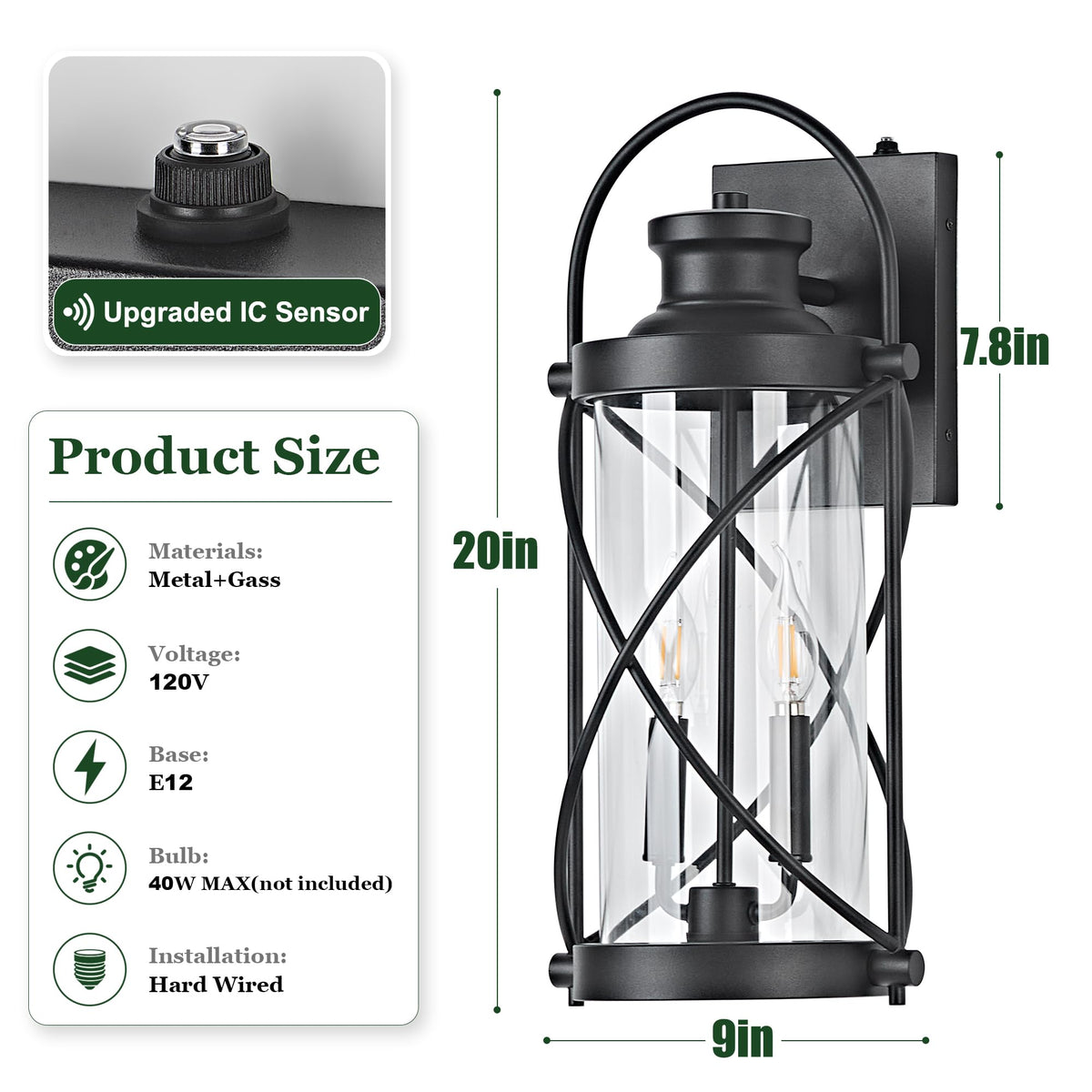 20inch Large Dusk to Dawn Outdoor Wall Lights Fixtures (Black / 20''(2-Pack))