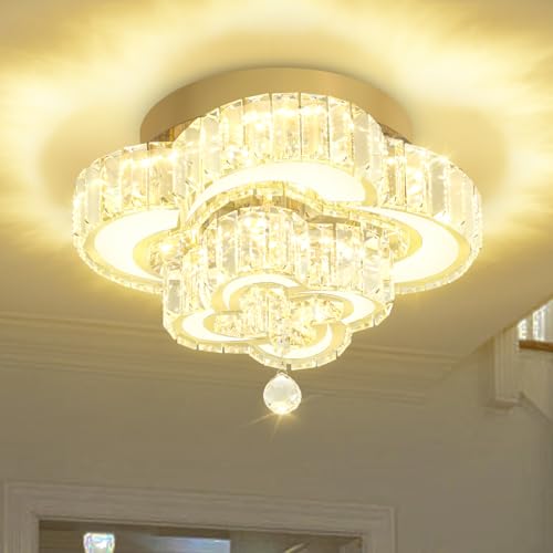 Dia 12'' Mini Crystal Chandeliers Modern LED Chandelier Flush Mount Crystal Ceiling Lights Fixture Modern Pendant Light for Living Room Foyer Entryway Gold (Gold / Dia 12")