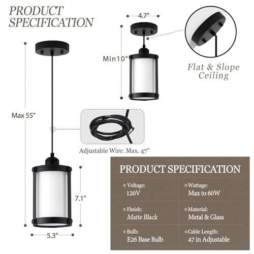 Matte Black Pendant Lights Kitchen Island (Black + Milk Glass / 1-Light Pendant, 1 Pack)