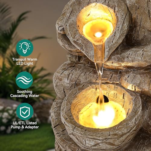 23" H Tiki Statue Outdoor Water Fountain with LED Lights (Tiki Natural Wood Color)