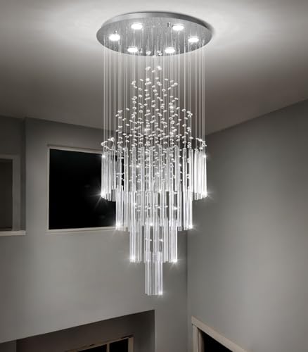 W20 x H40 Crystal Glam Chandelier Long Light Chandeliers with Dimmable Light Bulbs High Ceiling Light Fixtures for Foyer Entryway Living Room Stair Silver (Silver / Round W20" X H40")