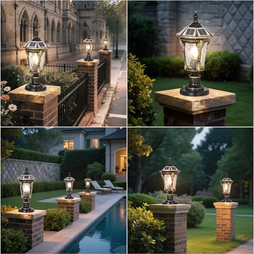 Outdoor Post Caps Light with Solar Powered 17.71" Solar LED Column Caps Lamps Rustic Bronze Fence Pillar Lamps IP65 Waterproof Deck Post Bollard Lighting Lawn Landscape Lawn Garage Yard Path Lamps