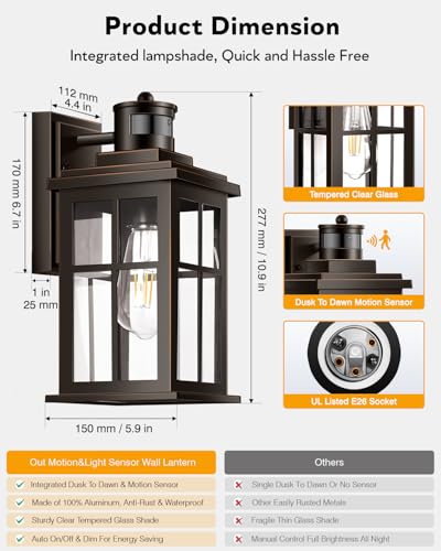 Distance Adjustable Motion Sensor Outdoor Lights (Motion Sensor 1 Pack / Oil-Rubbed Bronze(Gold Trim))