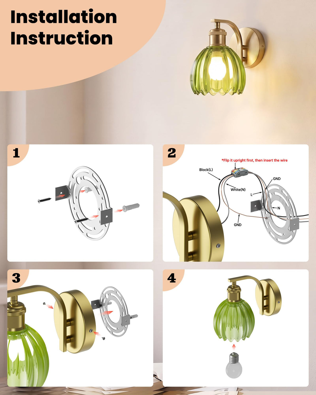 Vintage Brass Hardwired Wall Sconces with Green Tulip Glass Shade (Green)