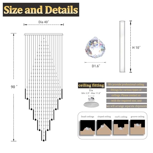 40''X90 Large Crystal Chandelier for High Ceiling Modern Crystal Raindrop Chandeliers Lighting Round Ceiling Light Entryway Staircase Foyer Villa LED Dimmable 2700 (Silver / D40"X H90")