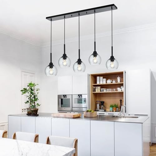 5 Light Kitchen Pendant Lighting Over Island with Striped Swirl Globe Glass (Transparent / 5-Light-Straight Bar)