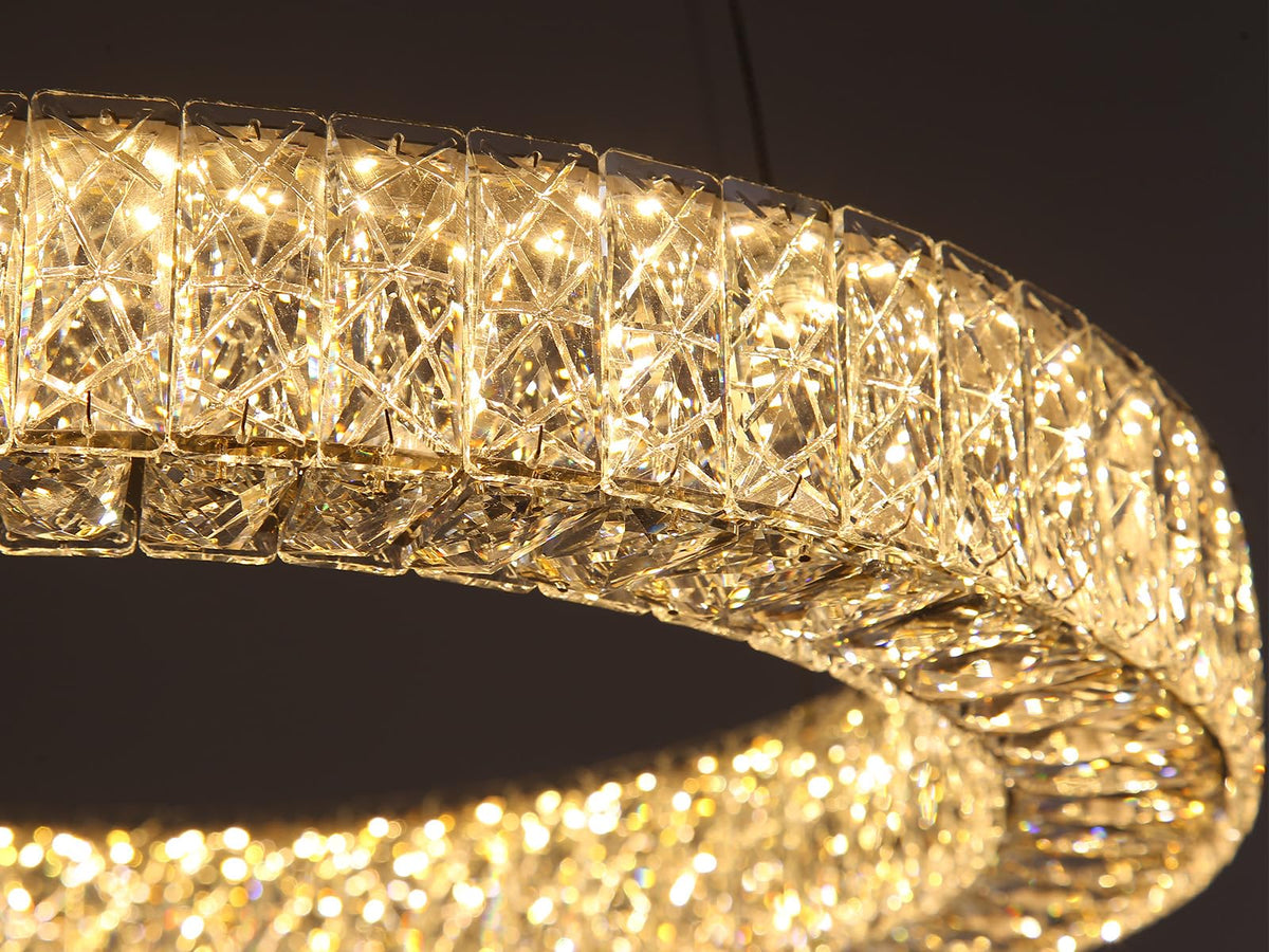 32 Inch Chandelier Glam Dimmable LED Crystal Chandeliers Luxury Round Pendant Lighting Fixtures for Dining Room Bedrooms Gold (Gold / Ring 32")