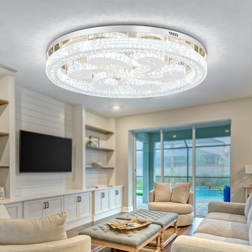40in Modern Crystal Chandelier for Living Room LED Dimmable Flush Mount Ceiling Light for Dining Room Silver Dimmable 2700K (40in Silver)