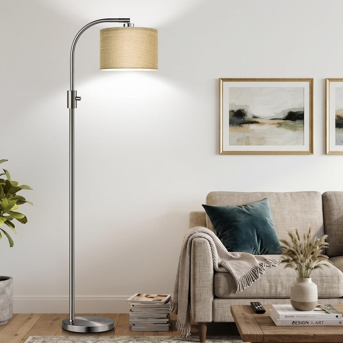Dimmable Sliver Floor Lamp (Brushed Nickel-Champagne Linen Shade)