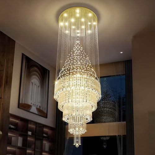 D40 x H110 Gold Raindrop Crystal Chandelier LED Dimmable Contemporary Chandelier Large Pendant Light for Entryway Stairway Foyer (Gold / D40"X H110")