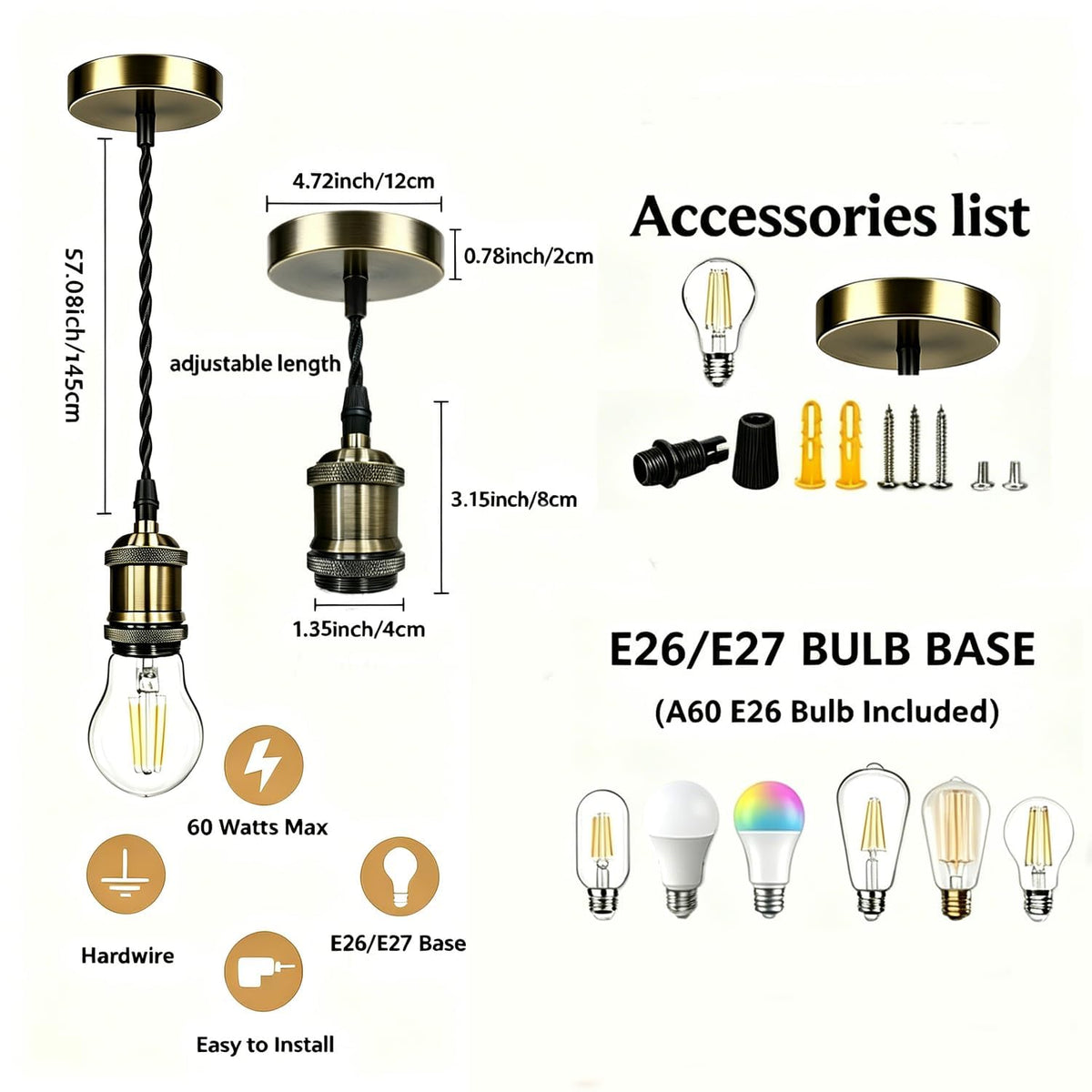 UL Listed] Vintage Brass Pendant Light Kit Industrial (Vintage Brass Light Kit / 5FT)