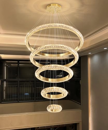 5 Ring Large Crystal Chandelier Modern LED Dimmable High Ceiling Chandelier Ring Contemporary Pendant Light Fixture for Living Room Foyer Staircase Gold D40'' (Gold / 5 Ring Round 40")