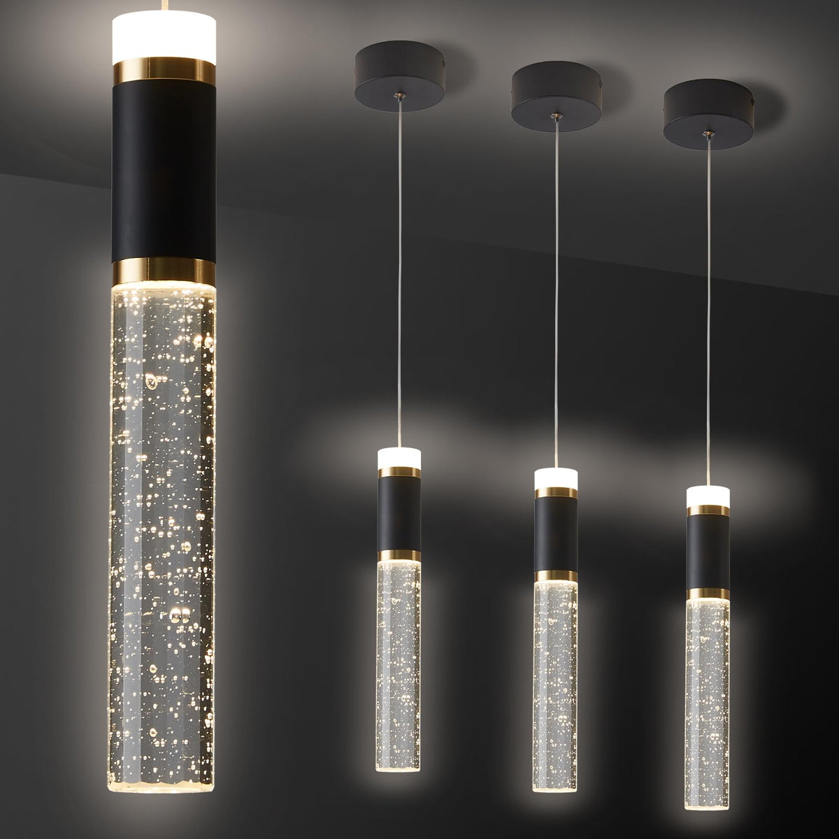 3 Light LED Pendant Light Modern Chandelier Hanging Chandelier Light Fixtures Adjustable Modern Led Pendant Ceiling Light Fixture for Kitchen (Black / 3-Pack)