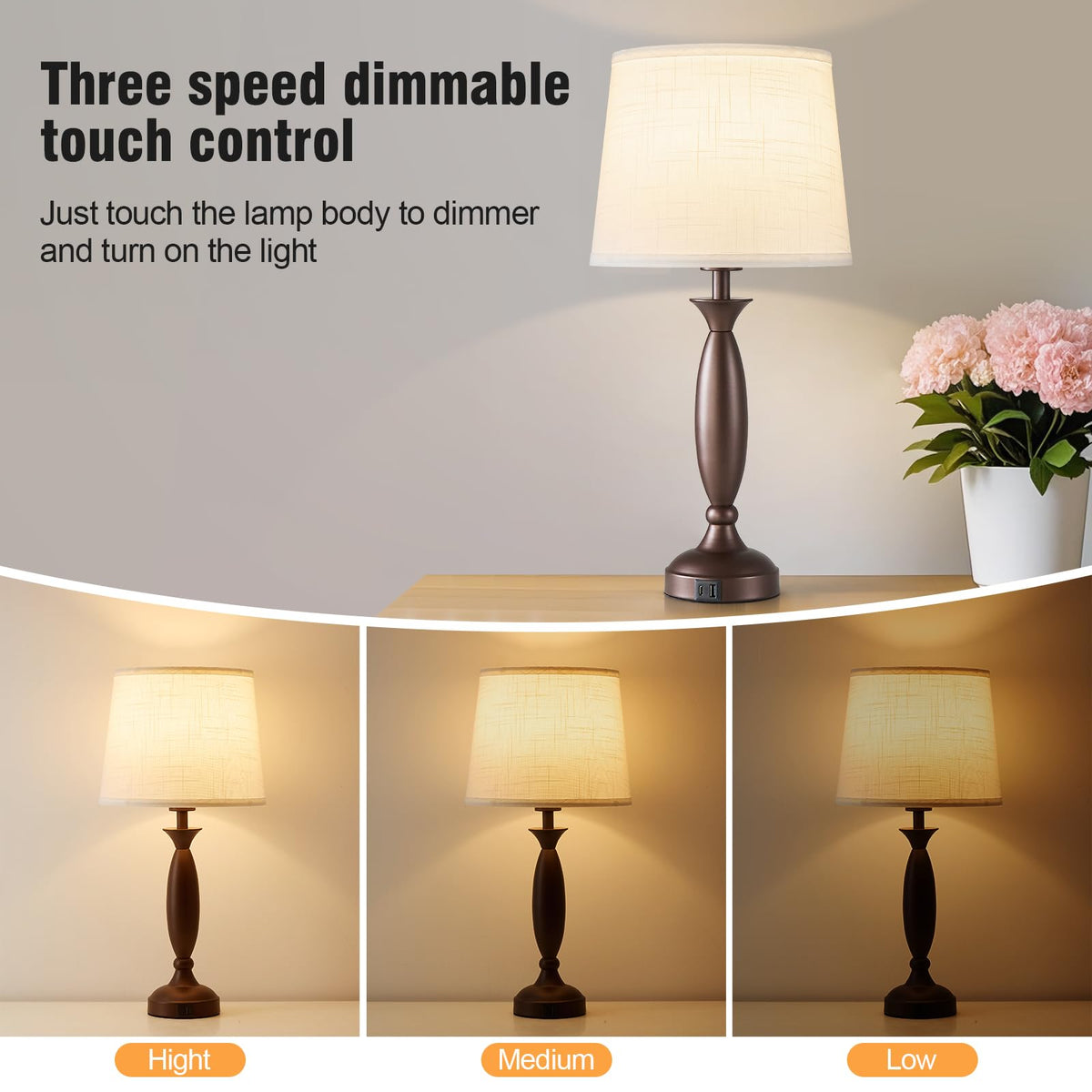 23" Touch Lamps for Nightstand Set of 2 (Brown & White Shade)
